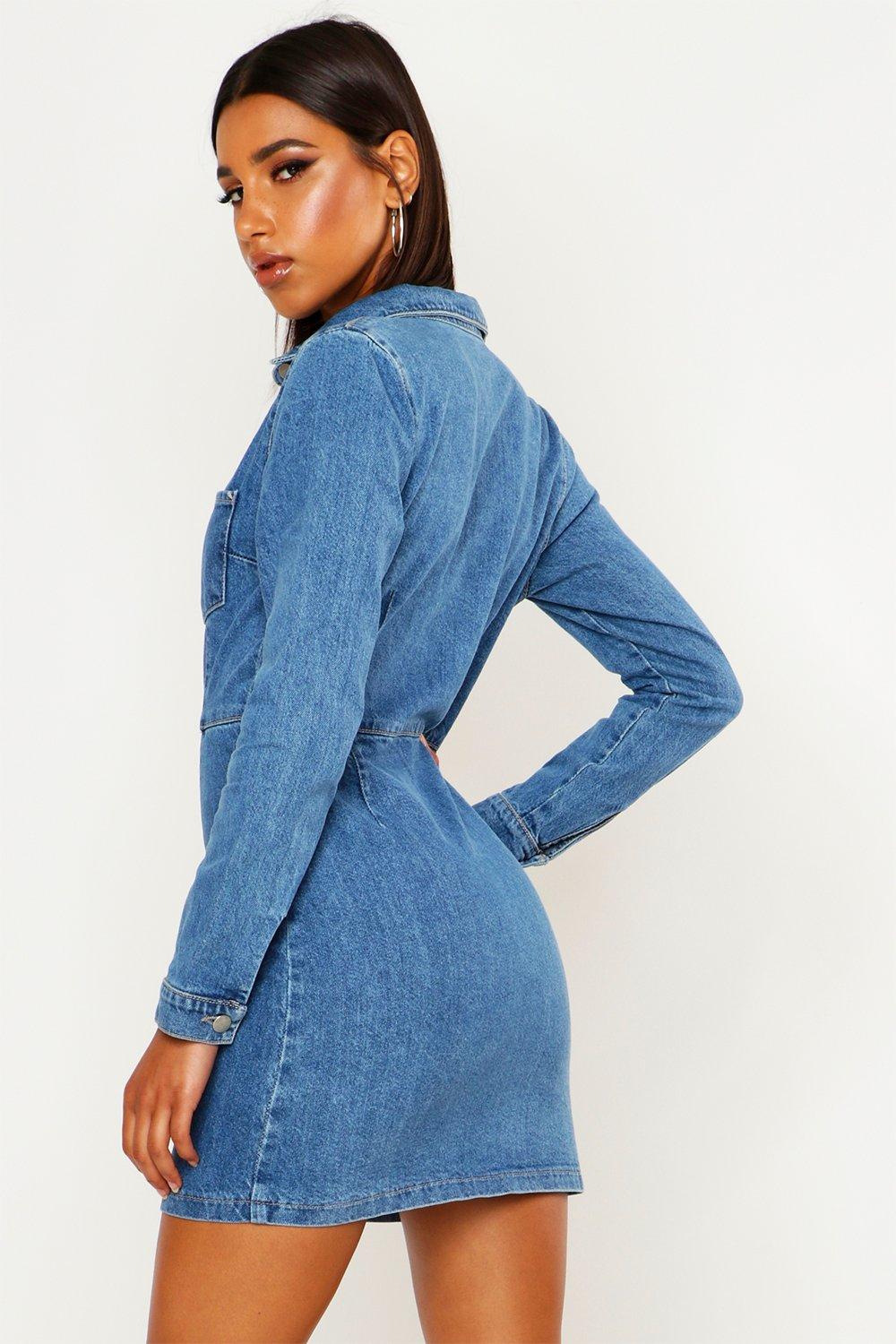 Robe a poche en denim boutonnee devant